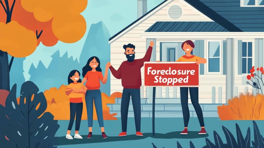 A family celebrating outside their home with a “Foreclosure Stopped” sign after saving their property from foreclosure.