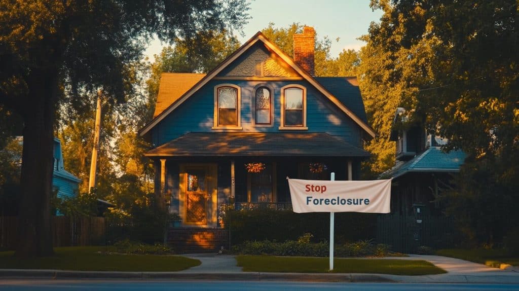 A home with a “Stop Foreclosure” banner, representing efforts to halt foreclosure and save the property.